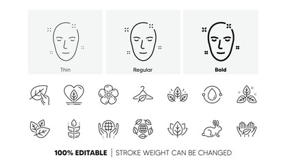 Slow fashion, synthetic fragrance, fair trade. Organic cosmetics line icons. Sustainable textiles, animal testing, eco organic icons. Linear set. Line icons set. Vector