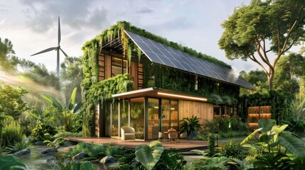 Eco-friendly home exterior, solar panels, wind turbine, sustainable design, lush greenery, photorealistic