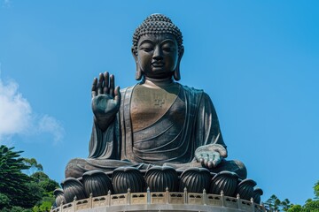 Fototapeta premium Large bronze Buddha statue with hand raised in blessing gesture