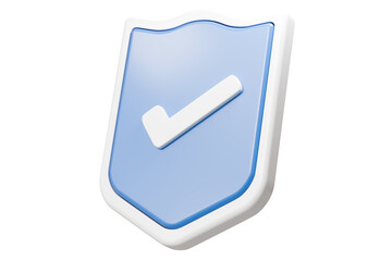 3d Realistic shield security with checkmark icon. Protection, approved, security, guaranteed concept. Minimal blue and white shield verified badge icon isolated on purple background. 3d rendering.