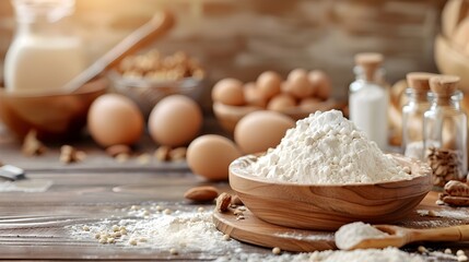 Fototapeta premium Baking Ingredients and Tools with Blurred Background on Wooden Table