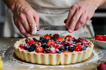 A person cutting a pie with a knife, showing the process of slicing through the filling and crust, Crimping the edges of a fruit tart before baking
