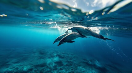Fototapeta premium Graceful dolphins, ocean waves behind, cinematic photography, clear blue water,