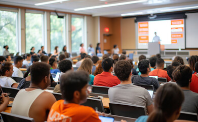 Fototapeta premium A large group of students attentively listening to a lecture in a bright classroom.