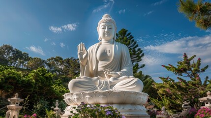 Obraz premium Large serene white marble statue of Buddha sitting in lotus position outdoors