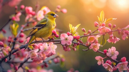 A Yellow Bird Perched on a Branch of Pink Blossoms