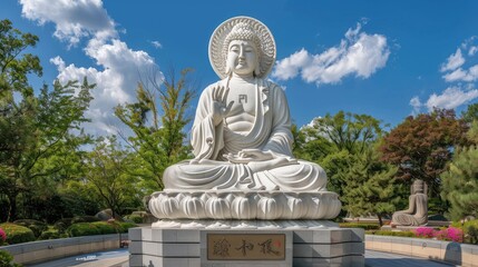 Large serene white marble statue of Buddha sitting on lotus pedestal with hand raised in blessing gesture surrounded by trees and blue sky