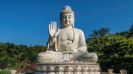 Obraz premium Large white marble statue of Buddha sitting in lotus position with hand raised in blessing gesture