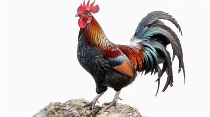 Fototapeta premium Rooster on a Rock: A Vibrant Display of Plumage
