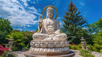Obraz premium Large serene stone Buddha statue with hand raised in blessing gesture surrounded by trees and flowers