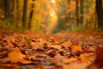 Fototapeta premium A forest filled with fallen leaves covering the ground, creating a dense and natural carpet, Crisp, crunching sounds underfoot in a leaf-strewn path