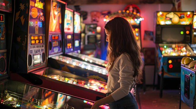 Young woman at a retro arcade, surrounded by vintage pinball machines and classic video games