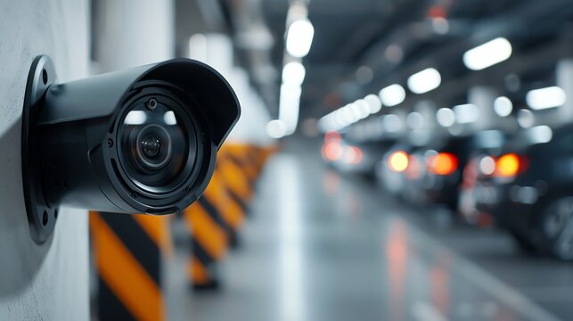 LPR camera in parking system, smart technology, cars in background, efficient solution,