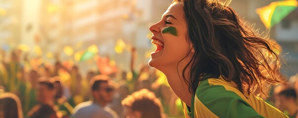 Happy young girl football fan celebrating her team victory. Latino woman with Brazil flag laughing and smiling. Celebration of Independence Day, Labor Day, Proclamation of the Republic