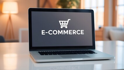 Modern laptop displaying e-commerce and cart icon on an e-commerce platform. Digital business and online retail concept background, banner