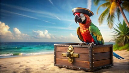 Pirate parrot sitting on a treasure chest , pirate, parrot, treasure, chest, bird, pirate ship,...