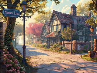  illustration of a scenic path or street called "Memory Lane," lined with visual elements like old houses, street lamps, and personal memorabilia, symbolizing a journey through past memories.