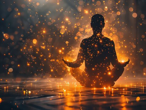 connection between the mind and body in spiritual practices, using visuals to show how thoughts, emotions, and beliefs influence physical health and vitality.