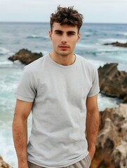 Young man, guy, male, dad, one model light grey gray t-shirt tee shirt mockup mock-up mock up at the beach ocean photograph 