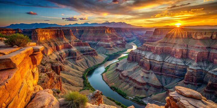 Majestic view of the Grand Canyon West Rim at sunset with colorful rock formations and the Colorado River below