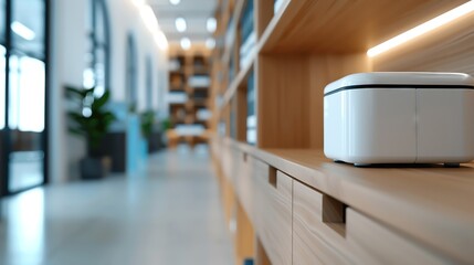 Fototapeta premium Wide shot of an efficient home office with automated inventory, robots in action, modern and sleek,