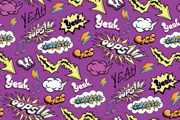 Naklejka premium Seamless graffiti lettering pattern in pop art style with text Cool, super, wow, hi. Old-fashioned design. Comics style ornament for printing on fabric, wrapping paper, sport textile. Comics typograph