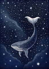 Digital magical concept of sea animals. Frame design for connecting light. The starry sky and the Milky Way, along which a strong, massive whale is swimming. Texture background, photo wallpaper
