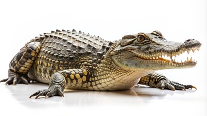 Fototapeta premium Crocodile isolated on white background, wildlife, reptile, predator, dangerous, animal, fierce, jaws, teeth, scales, exotic