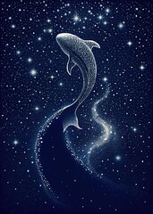Digital magical concept of sea animals. Frame design for connecting light. The starry sky and the Milky Way, along which a strong, massive whale is swimming. Texture background, photo wallpaper