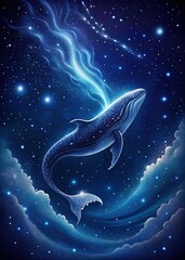 Fototapeta premium Digital magical concept of sea animals. Frame design for connecting light. The starry sky and the Milky Way, along which a strong, massive whale is swimming. Texture background, photo wallpaper