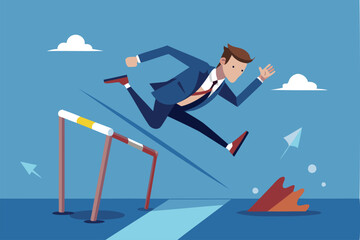 Overcoming Business Failure: Frustrated Businessman Failing to Jump Hurdle and Falling to the Ground