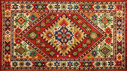 Handmade Slavic folklore carpet with intricate patterns from Russia, Serbia, Poland, Czechia, Slovakia, Slovenia