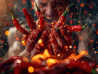  spicy food challenge, featuring fiery peppers, sweating faces, and flames, capturing the sensation of eating extremely hot food.