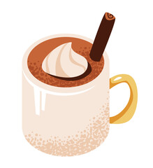 Mug of hot chocolate with cinnamon. Sweet cocoa drink. Flat vector illustration on isolated white background