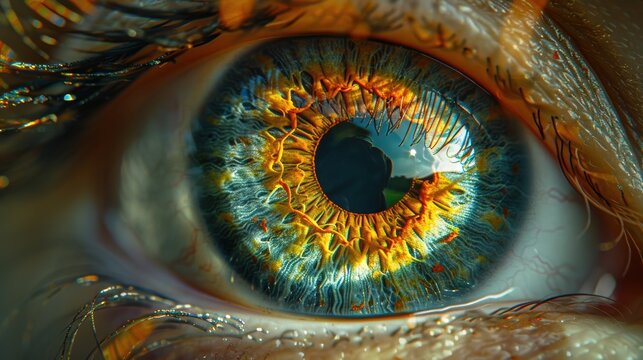 Extreme close-up of a human iris, intricate patterns and color variations visible, reflection of the photographer in the pupil
