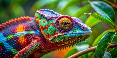 Colorful chameleon blending into leafy background, eyes focused on surroundings, chameleon, colorful, blending, leafy