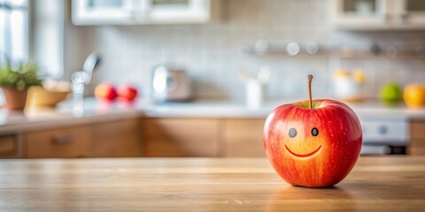 Cheerful apple on kitchen counter, apple, cheerful, abstract, drawing, kitchen, counter, fruit, happy, vibrant, colorful, fresh