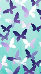 Naklejka premium A pattern of purple and white butterflies on a teal background
