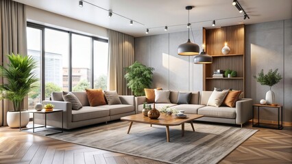 Fototapeta premium Modern living room interior with sleek furniture and neutral color palette