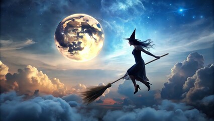 Halloween witch flying on broomstick in spooky night sky, witch, flying, broomstick, Halloween, spooky, night, sky, costume