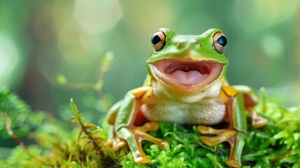 Green Tree Frog with Wide Open Mouth on Moss