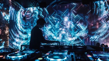 A DJ performs at a nightclub, manipulating the sound mixing equipment in front of a vibrant, abstract projection on the wall.