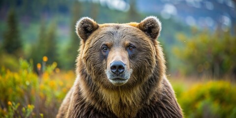Fototapeta premium Wide angle close-up of a grizzly bear in its natural habitat in North America, grizzly bear, wildlife, Braunb?r