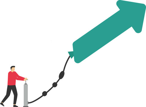 Growing business, raising income or wages, growth or improvement, increase price, interest rate or inflation, rising up direction concept, businessman inflate air pump into floating green arrow up.

