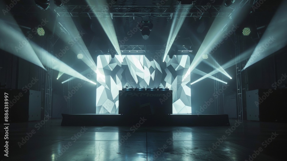 Leinwandbilder a stage with a dj setup and a geometric patterned backdrop. the lights are on and the stage is ready