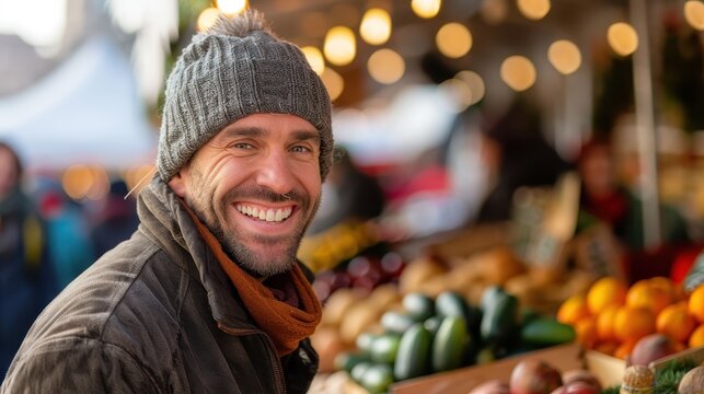 A man in a knit hat smiles warmly at an outdoor market brimming with fruits and vegetables, capturing the warmth and community of market culture.