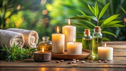 A tranquil spa still life scene featuring candles, essential oils, and natural elements, spa, still life, candles