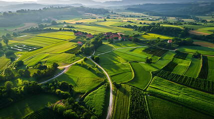 Aerial View of Picturesque Rural Landscape with Lush Green Fields