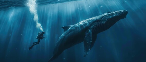 Fototapeta premium A Diver and a Humpback Whale Encounter in the Sunlit Depths