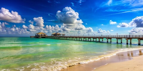 Sunny day at the beach with a view of the iconic pier in Progreso, Mexico, beach, Progreso, Merida, Mexico, pier, sunny